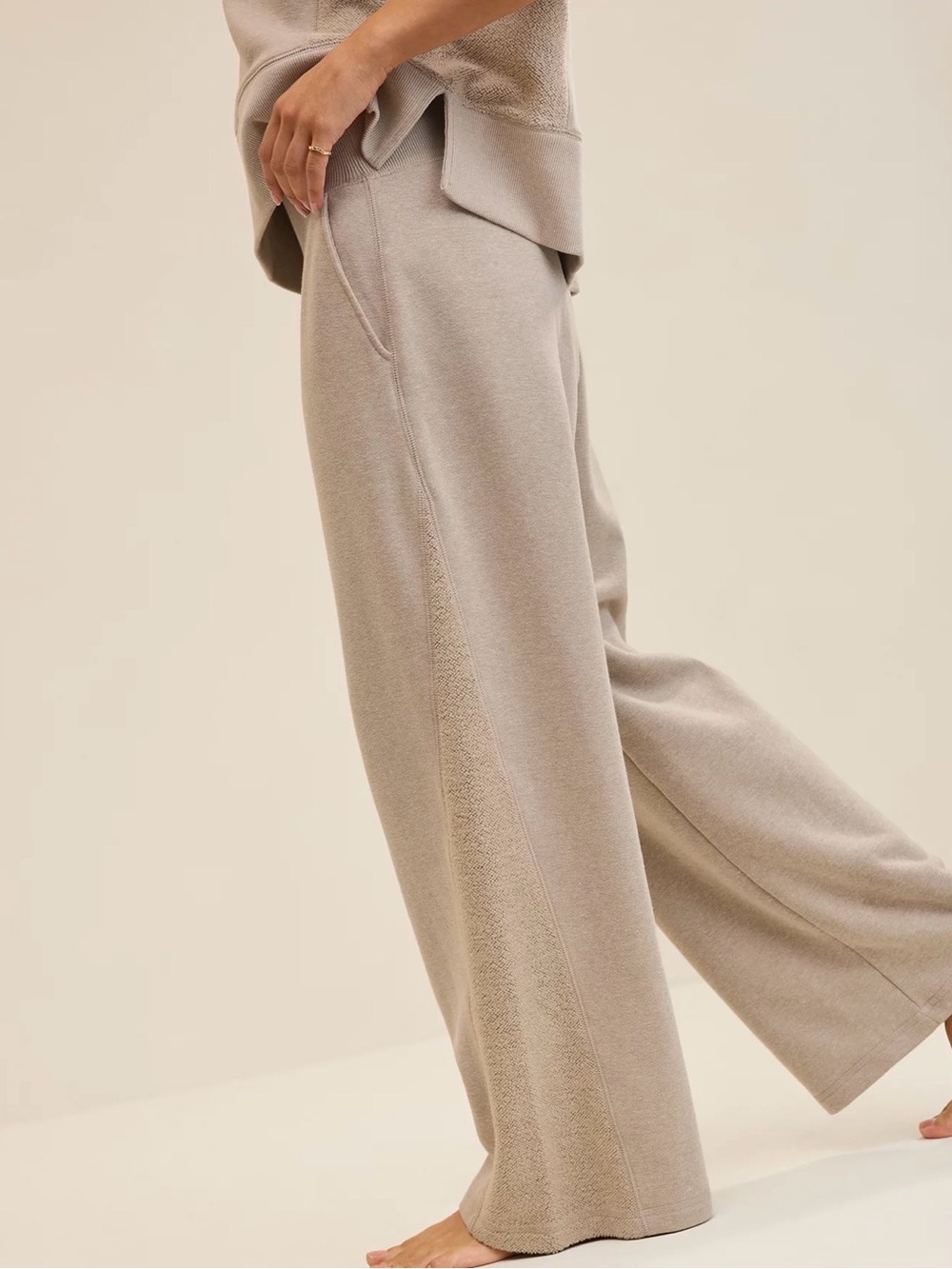 Aerie High Waisted Wide Leg Full Length Chill Trousers Beige